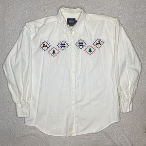 Vintage Woolrich Christmas Embroidered Long Sleeve Button Up Shirt: Size Large